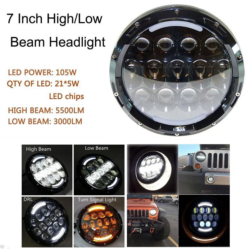 

1PCS 7Inch Headlamp Hi/Low Beam amber turn signal 105W 7" inch Round Led Headlight