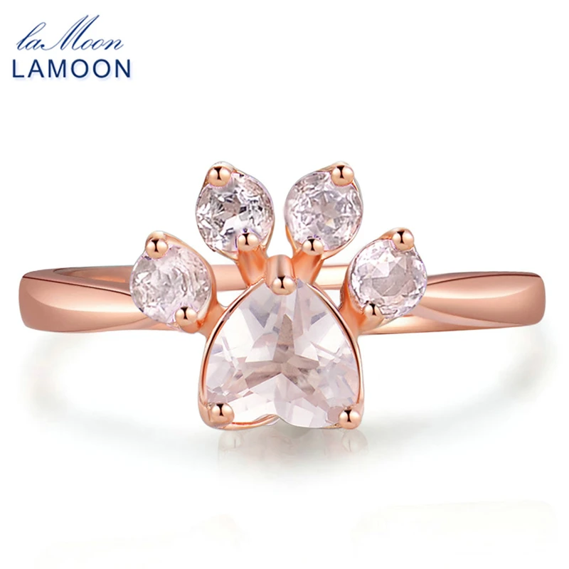 LAMOON Cute Bear's Paw Foot Print Rings For Women Natural Pink Rose Quartz 925 Sterling Silver Fine Jewelry Lovely Ring RI027