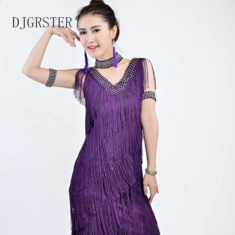 New Sexy Lady Performance Latin Dance Clothes V-neck Women Sequin Tassel Latin Dresses 7 Colors Modern Dress+gloves+necklace