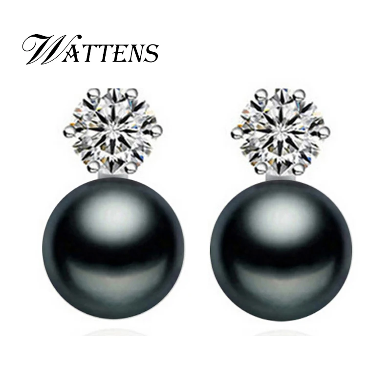 

WATTENS Punk black Pearl Stud Earrings for Fashion women jewerly Top Quality CZ Strong light 925 Silver Earrings ,wedding event