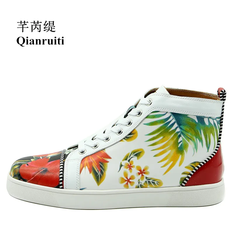 Qianruiti Brand High Top Men Vulcanize Shoe Flower Printing Sneakers Trending Espadrilles Platform Lace-up Men Casual Shoes