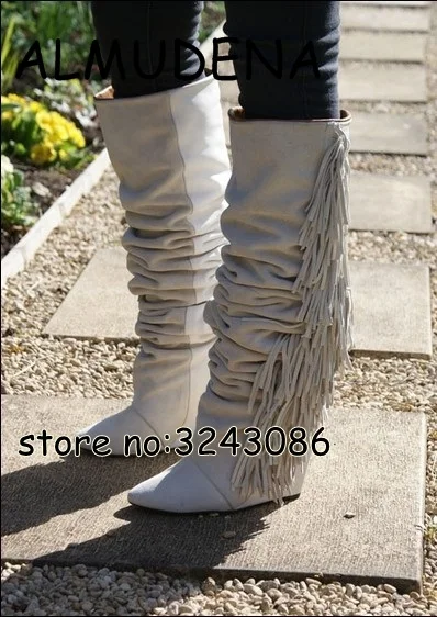 High Top Suede Black White Fringed Woman Knee High Boots Pointed Toe Hidden Wedge Lady Fashion Long Boots Height Increasing