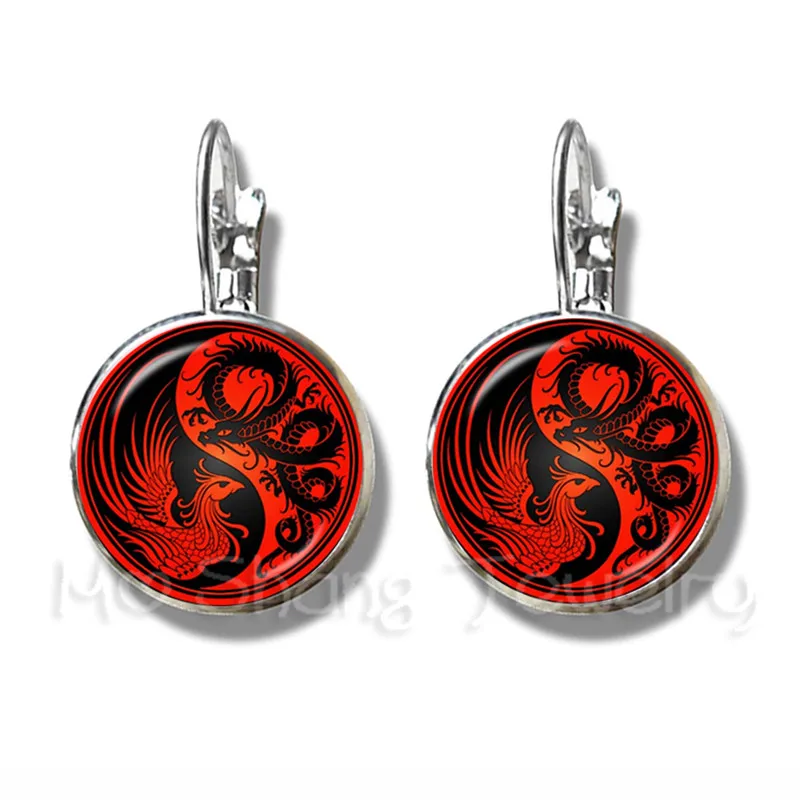 Two Dragon Yin Yang Glass Dome Earrings Symbol Jewelry Natural Rustic Fashion Symbolizing Harmony Stud Earrings Good Luck