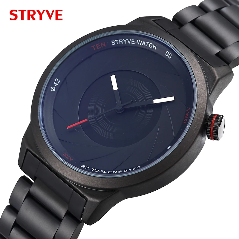 Stryve-男性用高級時計,ユニークなカメラスタイル,クラシック,ステンレススチール,防水,ブラック,6002