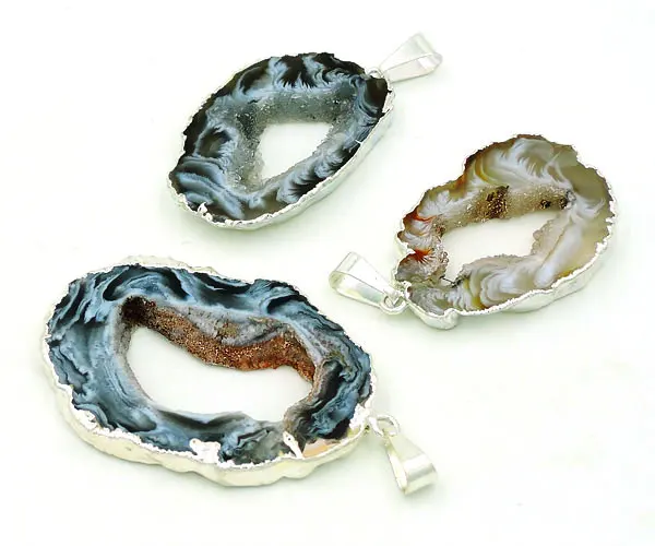 Natrual Agate Geode Slice Irregular Shape Pendant With Side Silver-plated 30-40mm