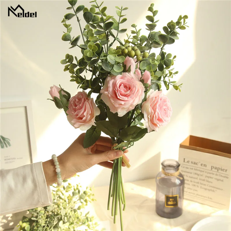 Meldel Braut Hochzeit Bouquet Brautjungfer Rose Eukalyptus Blätter Bouquets Künstliche Seide Blume Ehe Tisch Center Zubehör