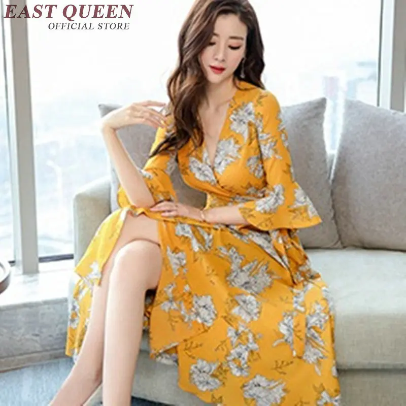 woman summer beach dress 2018 women summer dress front split vintage floral print long kimono style dress NN0708 HQ