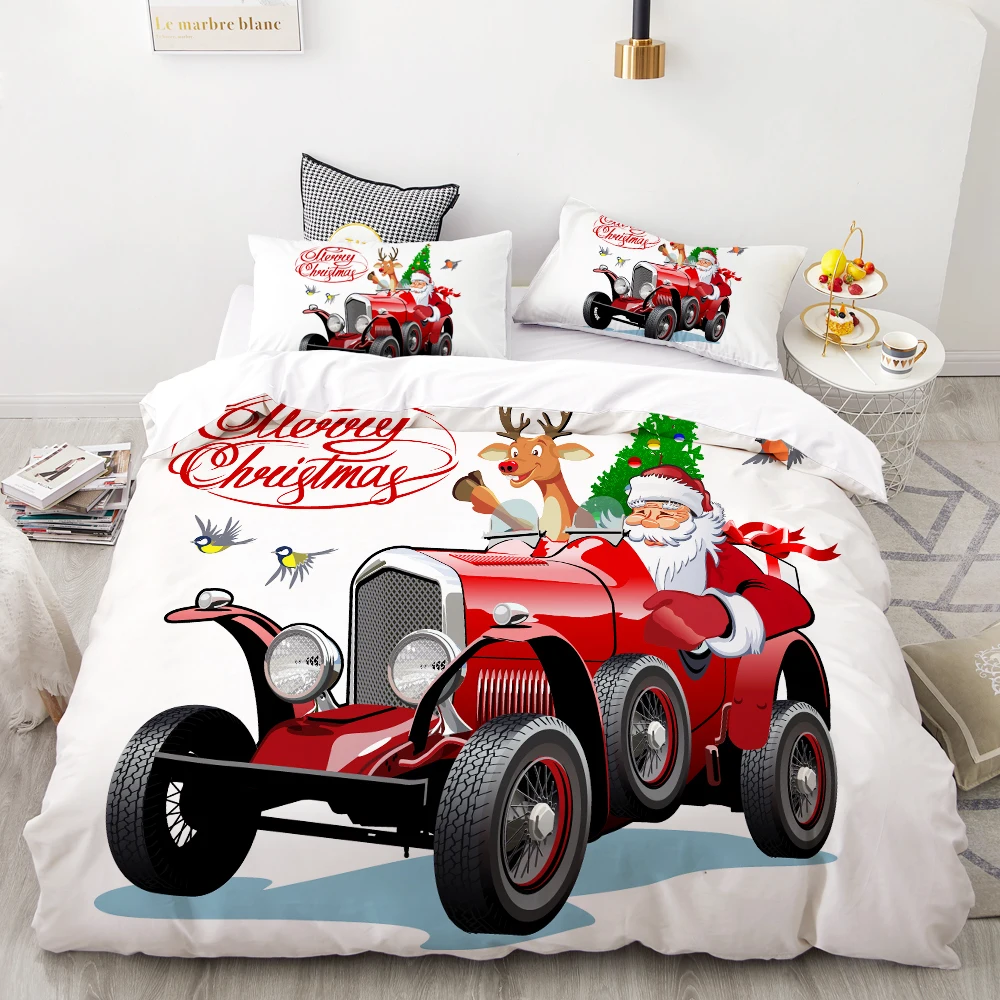 3D HD Digital Printing Custom Bedding Set,Cartoon Duvet Cover Set Kids Baby Children,Christmas Decorations Santa Claus Red Car