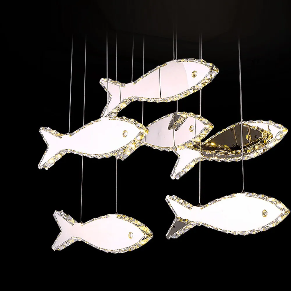LED Fish Dining Room Pendant Lights Modern Crystal Stainless Steel Restaurant Creative High Power LED pendant Fixtures