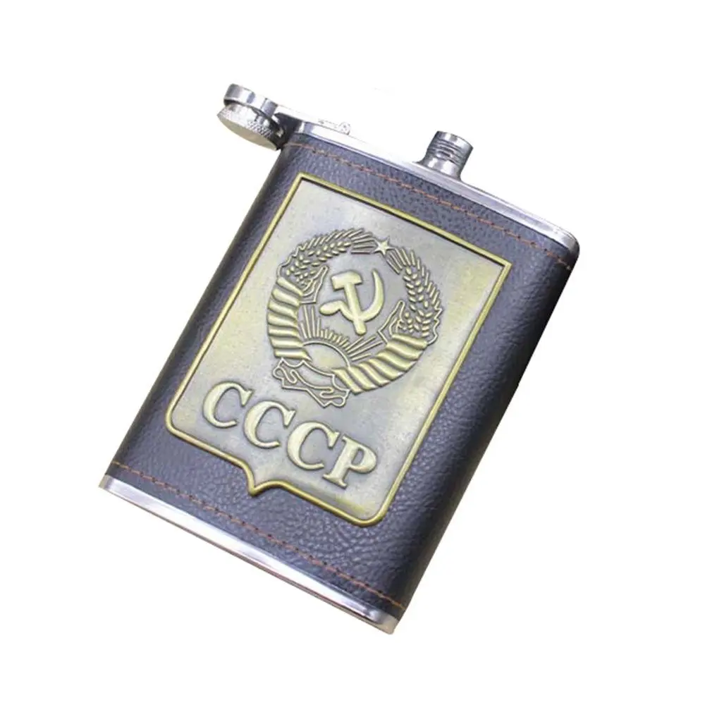 Bpa Free 8oz Pu Leather Wrapped Whisky Bottle Cccp Flagon Funnel Stainless Steel Vodka Cup Alcohol Hip Flask SET With Gift Box