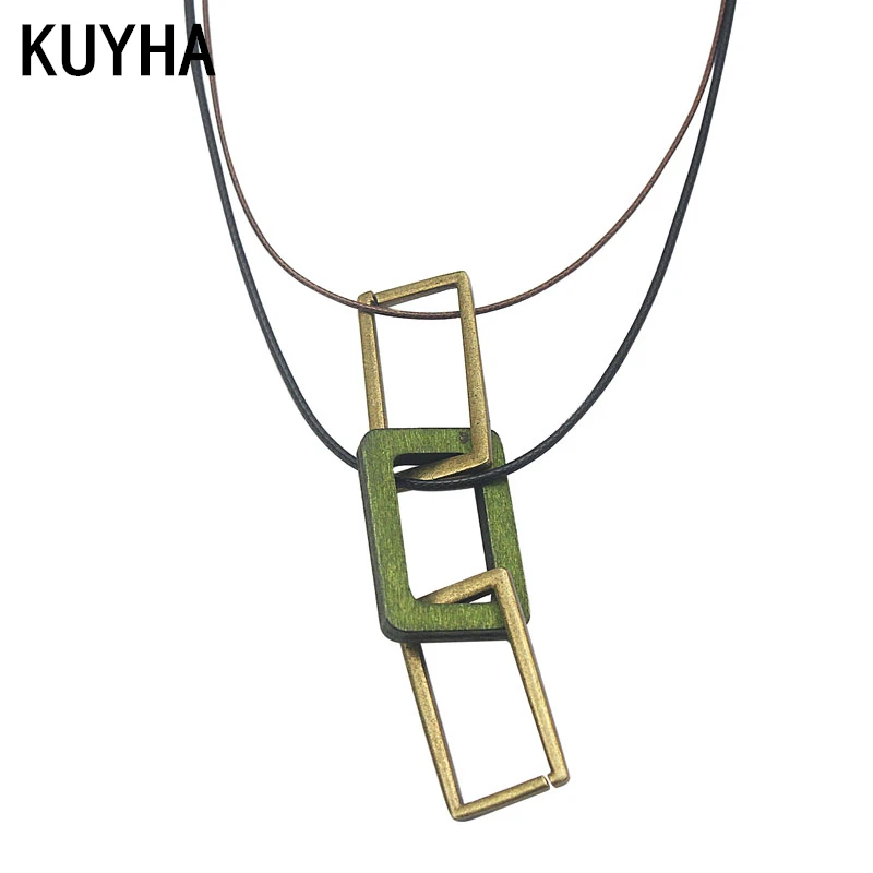 Fashion Women Long Chain Necklace Vintage 72cm Rope Leather Wood Pendant Necklace Jewelry Gift