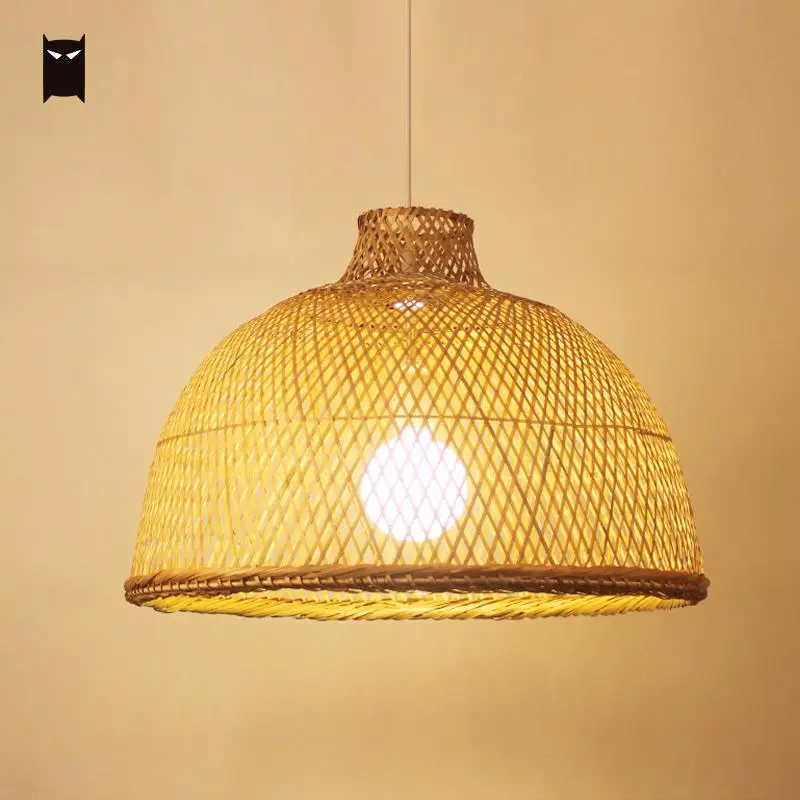 53cm Bamboo Wicker Rattan Balcony Light Pendant Hanging Lamps for Dining Room Rustic Vintage Asian Industrial Retro Lighting E27