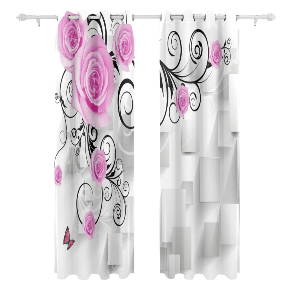 Curtains Modern Floral Decor Pink Roses Kosmeya Living Room Bedroom 2 Panels Set White Beige 213*140cm