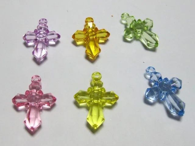 50 Mixed Colour Transparent Acrylic Cross Charm Pendants 28X20mm