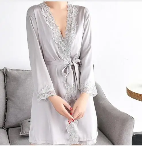 1620 Women\'s Satin Silk Woman Lace Robe Female Lace Bathrobe Womens Robes Sleepwear Ladies Sexy Robe For Women Drop Shippin