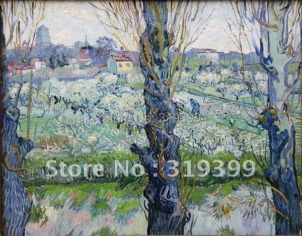 

Linen Canvas Oil Painting reproduction,View of Arles Flowering Orchards 1889 Neue Pinakothekq by van gogh,100%handmade, DHL