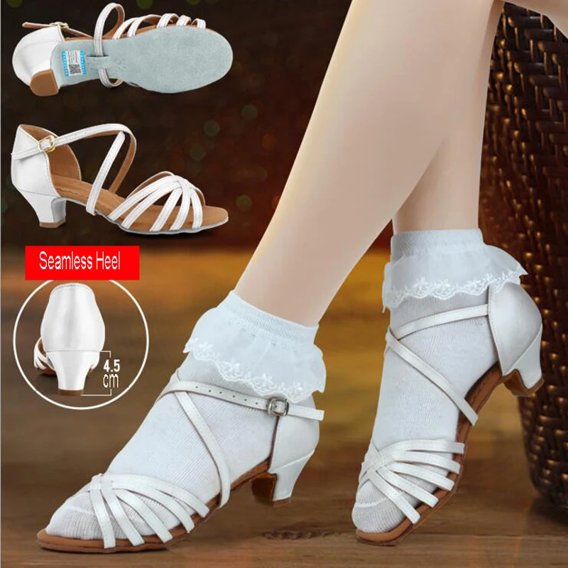 Girls Brand New White Satin Ballroom Shoes Women\'s Low Heel Soft Bottom Latin Dance Shoes Salsa Tango Shoes 24-40