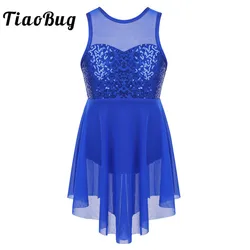 TiaoBug Kids Girls Sequins Sleeveless Asymmetrical Ballet Tutu Dress Children Gymnastics Leotard Skating Lyrical Dance Costumes