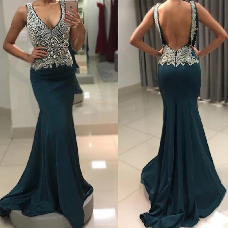 2019 bordado con cuentas lujoso lentejuelas sirena vestidos de graduación cuello pico sin mangas espalda descubierta ocasión especial vestidos personalizados Sexy