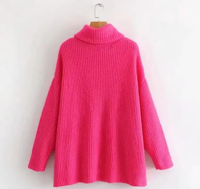 Stylish Striped Line Fluorescent Hot Pink Pullover Sweater 2018 Autumn Women Turtleneck Long sleeve Long Knitwear Jumper Tops