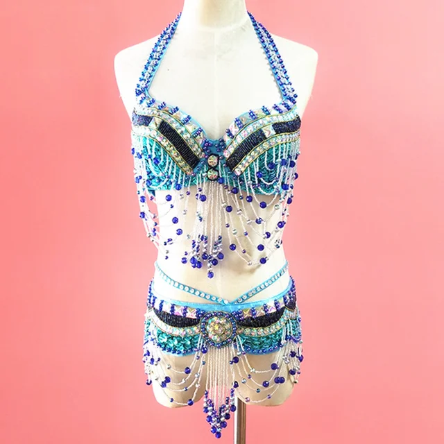 Orientalny kostium kostium taneczny Bellydance orientalny wschodni biustonosz z koralikami pas profesjonalny zestaw kostiumów do tańca brzucha 2-częściowy karnawał Samba