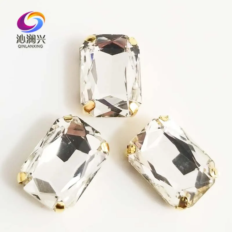 White Rectangle shape High quality Glass Crystal golden bottom sew on claw rhinestones,Diy/Clothing accessories SWCG01
