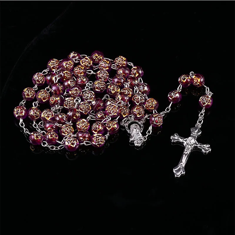 8mm Round Rose Bead Necklace, Heart-shaped Rosary Jesus Pendant in Catholic Virgin Mary Center