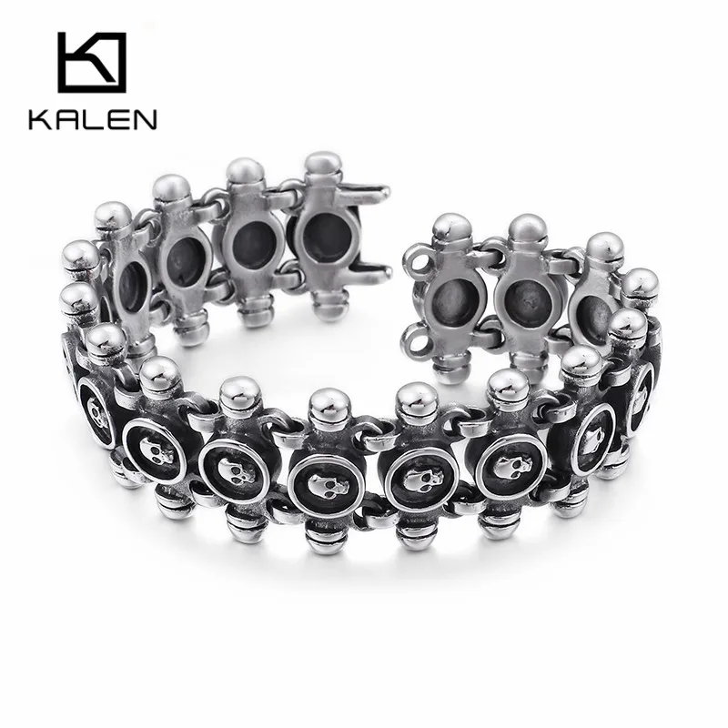 KALEN Punk 21.5cm Skull Bracelets Men Stainless Steel Matte Linking Skull Charm Bracelets Gothic Biker Halloween Jewelry