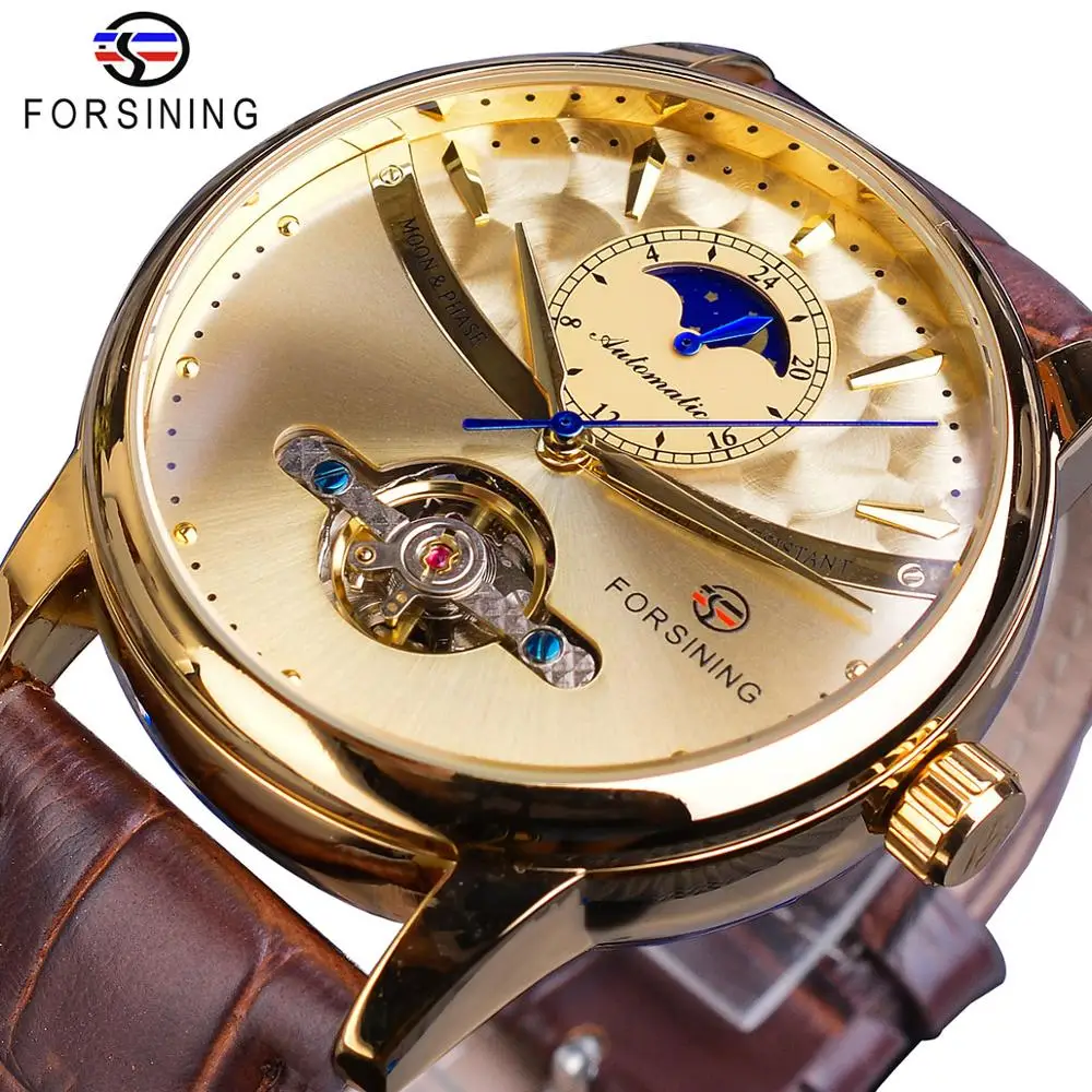 

Forsining Automatic Watch Men Moon Phase Golden Skeleton Mechanical Male Watches Casual Brown Leather Band Horloges Mannen Clock