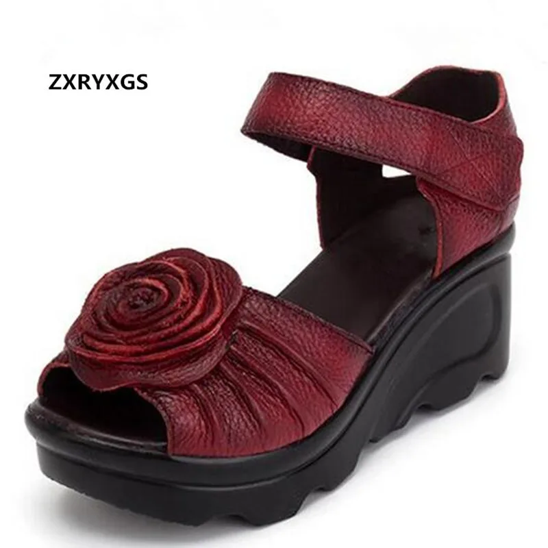 2024 New Fish Head Summer Women Sandals Genuine Leather Shoes Comfortable Platform Wedges Sandals Classic Flower Fashion Sandals