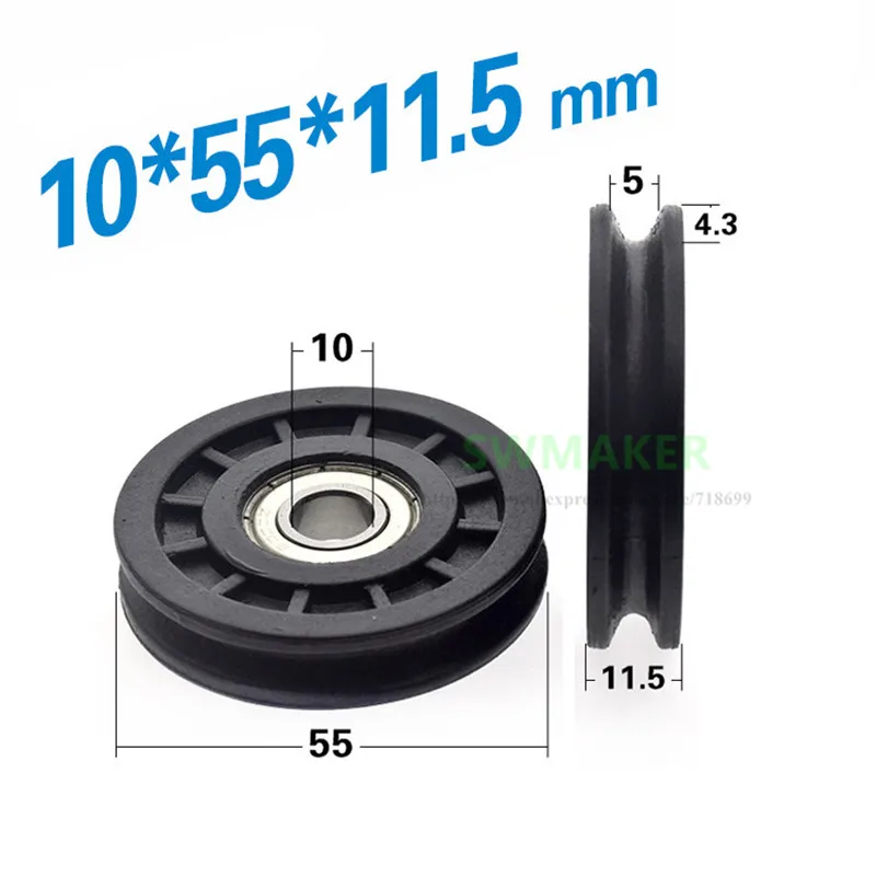 1pcs 10*55*11.5mm 6000zz bearing U grooved wheel, wrapped nylon R2 grooved wheel, wire rope guide wheel, elevator door wheel