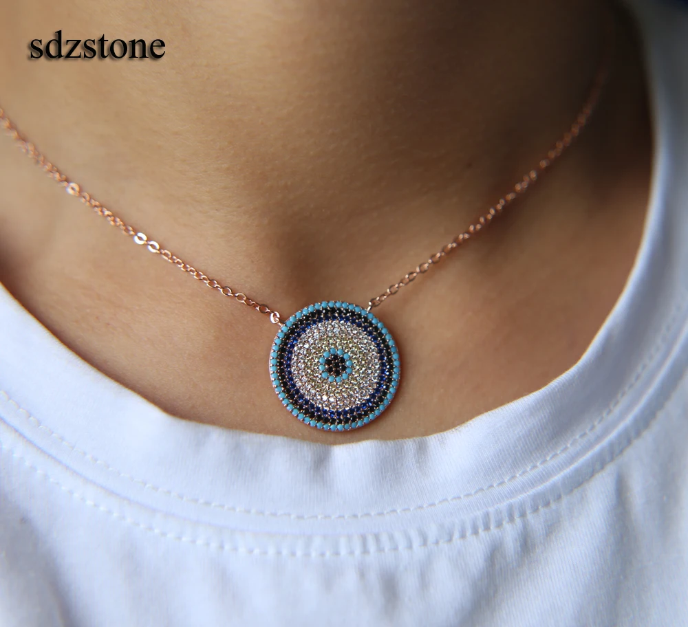 NEW Authentic turquoises turkish evil eye round fashion trendy girl lady micro pave cz fashion necklace