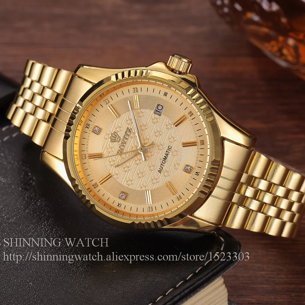 Luxury Gold Fashion Mens Watches Casual Crystal Dial Date Automatic Mechanical Stainless Steel Sport Wrist Watches for men Gifts