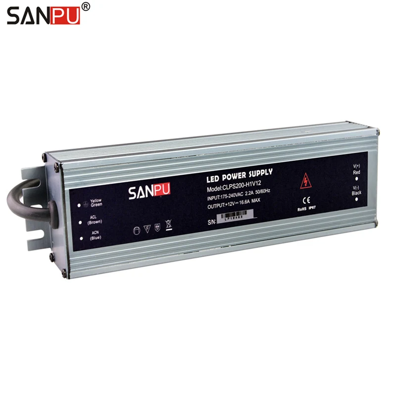 Imagem -02 - Sanpu 12 Volts Levou Fonte de Alimentação à Prova d Água Ac-dc 16a Ip67 12 v dc 200 w 220 v Transformador de Iluminação Motorista 12vdc Fina de Alumínio Fino