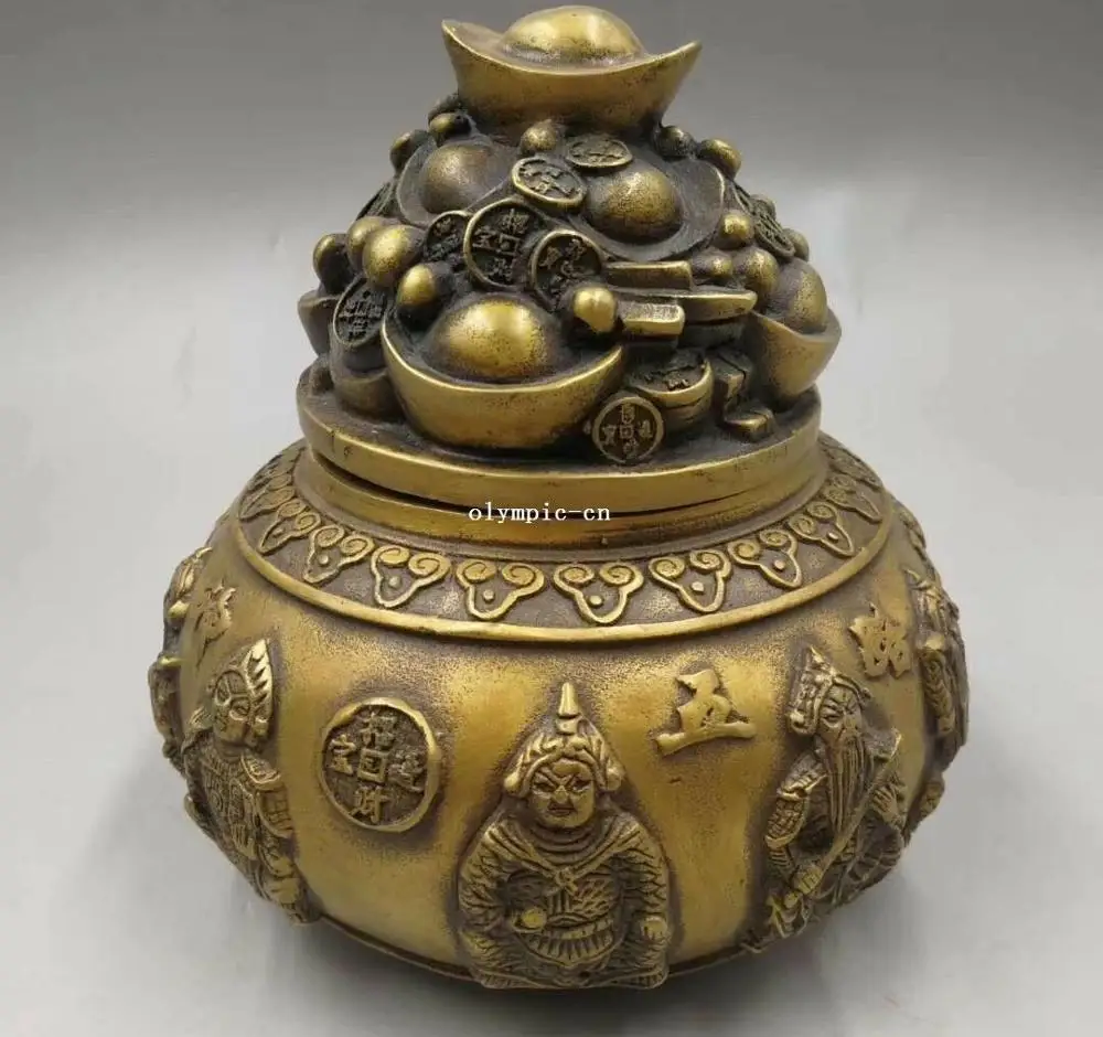 5'' copper carved five buddha god of wealth cornucopia treasure censer statue