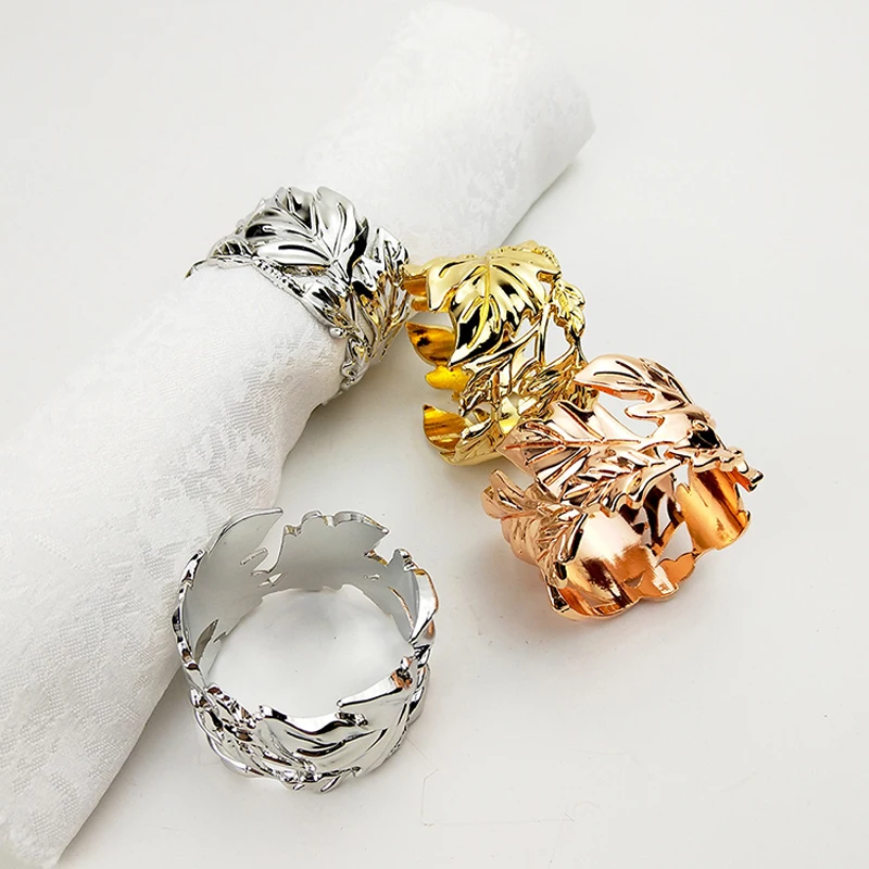 Shiny Gold Silver Rose Plating Leaves Circled Zinc Alloy Napkin Rings Set Of 6 Pieces Modern Home Tabletop Decor Round Wrap