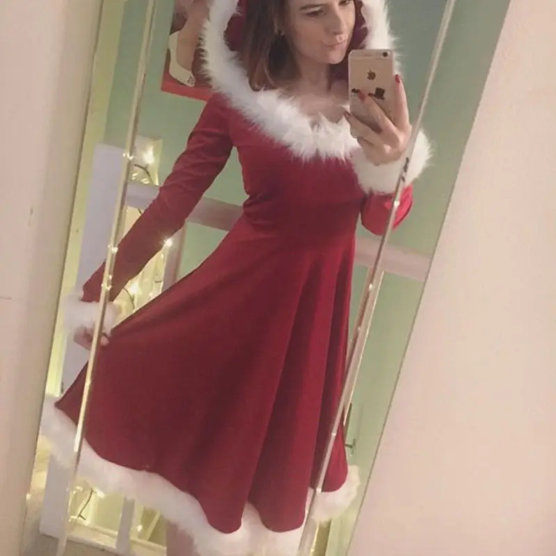 New Year Christmas Dress Women Adult Xmas Santa Costume Sexy Costume Long Sleeve Plush Warm Hooded Fancy Pleated Dresses