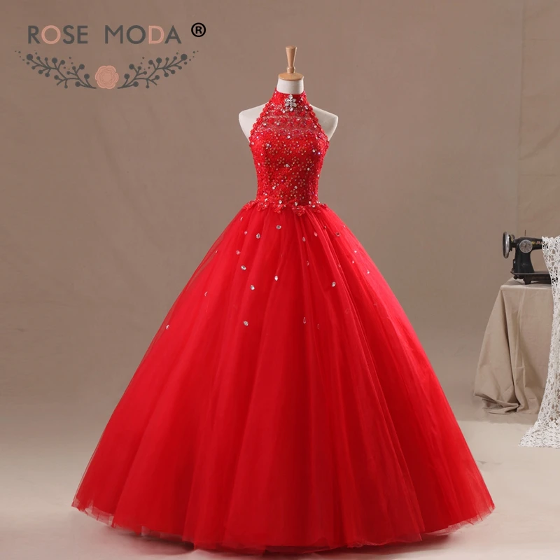 Rosa moda halter decote laço topo vermelho inchado tule quinceanera vestido vestido de baile fotos reais