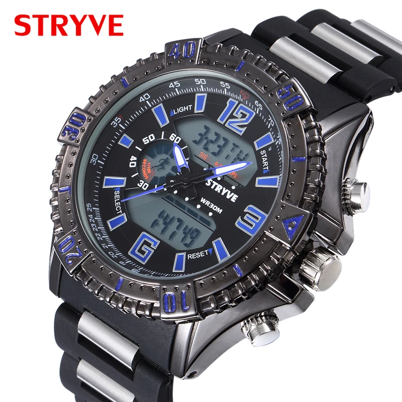 STRYVE S8004 Fashion Resin Strap Quartz Watch Large Dial Dual Display Waterproof Calendar Week Men\'s Sports Watch