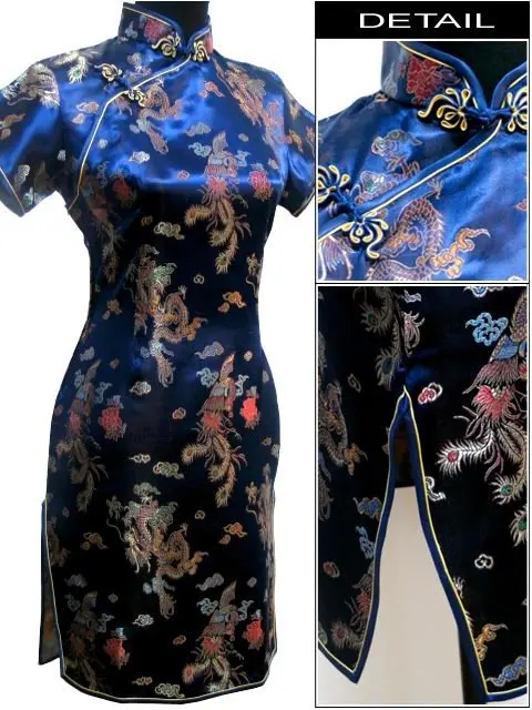 Mới Lạ Mini Sườn Xám Xanh Navy Vintage Phong Cách Trung Hoa Nữ Qipao Đầm Ngắn Truyền Thống Quan Cổ Áo Nữ Đầm Vestido