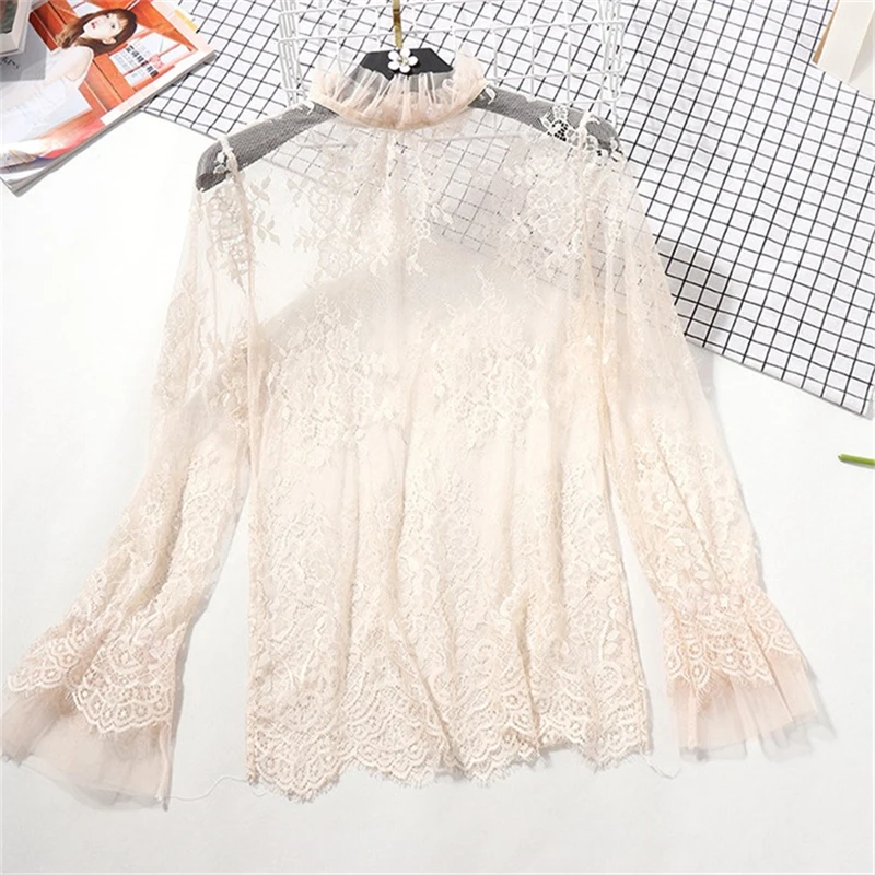 Women Floral Embroidery Mesh Lace Blouses Shirt Women tops Sexy Blouses See-through Hollow Flare Long Sleeve Base Shirt Blouse