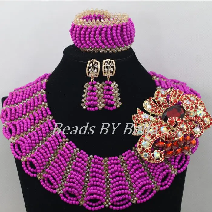 Fashion New Hot Sale Purple Nigerian Wedding African Beads Jewelry Set  Bridal African Fashion Jewelry Set Free Shipping ABF546