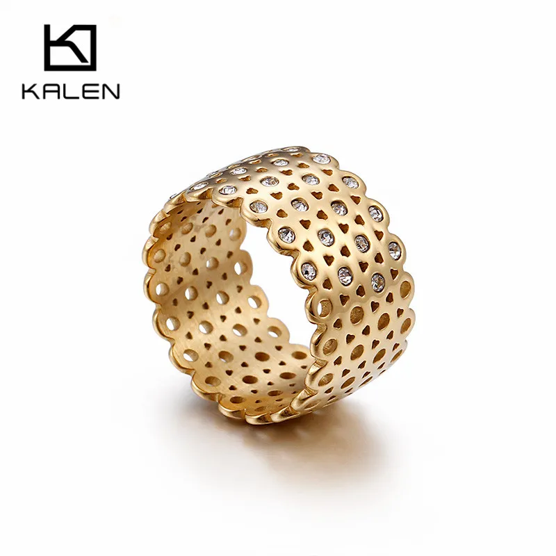 KALEN Stainless Steel Bulgaria Gold Color Rings For Women 12mm Width Rhinestone Grid Charm Finger Rings  Wedding Band Jewelry