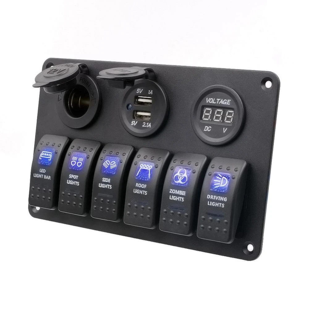 6 Gang Car Marine Boat 12V/24V Circuit LED Rocker Switch Panel Breaker Charger+12V Cigarette Socket+Digital Voltmeter+2 USB Powe