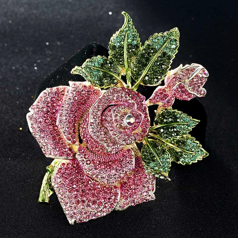 Zlxgirl Big Size Rose Flower Brooch pins For Women Christmas Gifts Pink Bud Leaf Crystal Brooch Perfect enamel Hijab Accessories