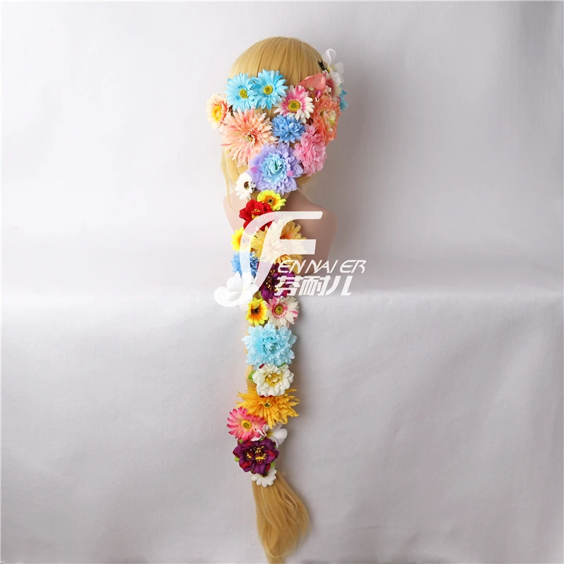 Tangled Cosplay Wig Princess Rapunzel Long Braids Artificial Flowers Headwear Women Blonde Synthetic Hair Adult