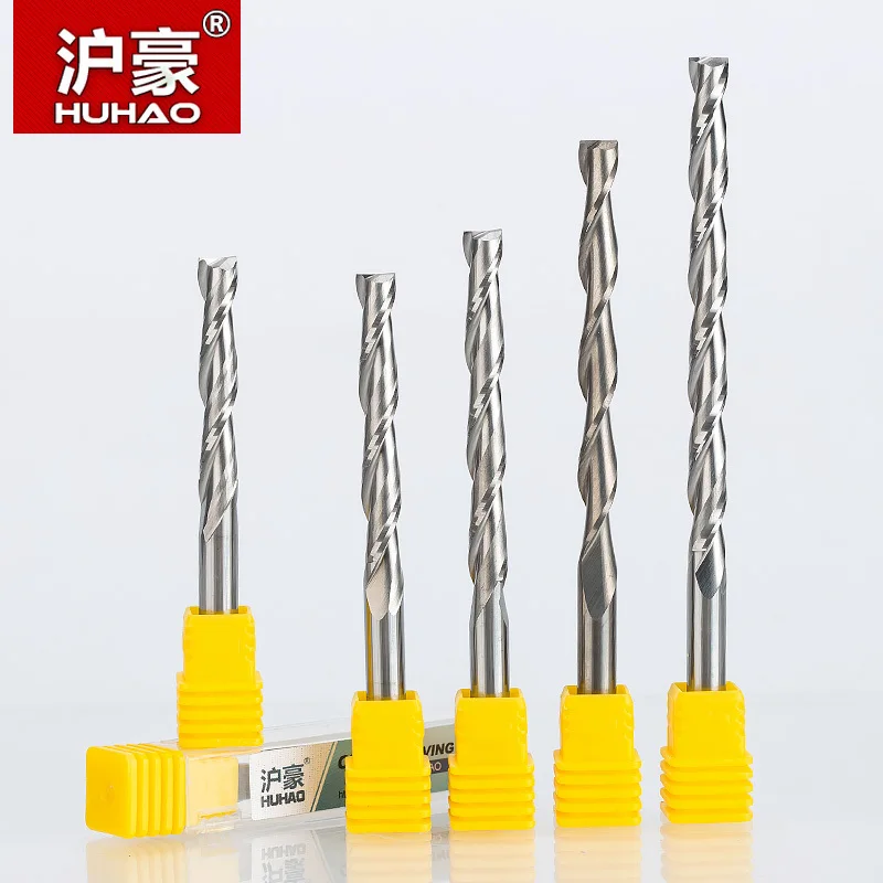 HUHAO 1 pc 6mm 2 Flautas Espiral com lâmina CEL 12-72mm Moagem carboneto de cortador de Fresa CNC router bits para madeira ferramenta router