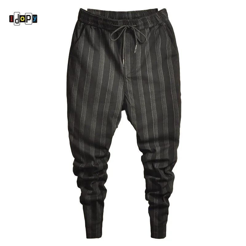 Idopy Fashion Mens Trend Stretchy Harem Jeans Drawstring Comfy Striped Harem Comfortable Cuffed Trousers Joggers For Male