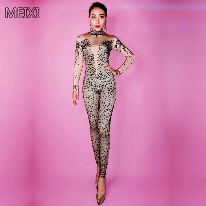 

Sexy black hedgehog glass diamond rhinestone jumpsuit bar party concert singer dancer costume