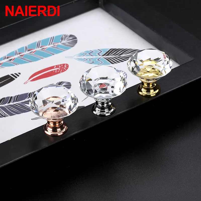 NAIERDI 40mm Diamond Shape Design Crystal Glass Knobs Cupboard Pulls Drawer Knobs Kitchen Cabinet Handles Furniture Handle